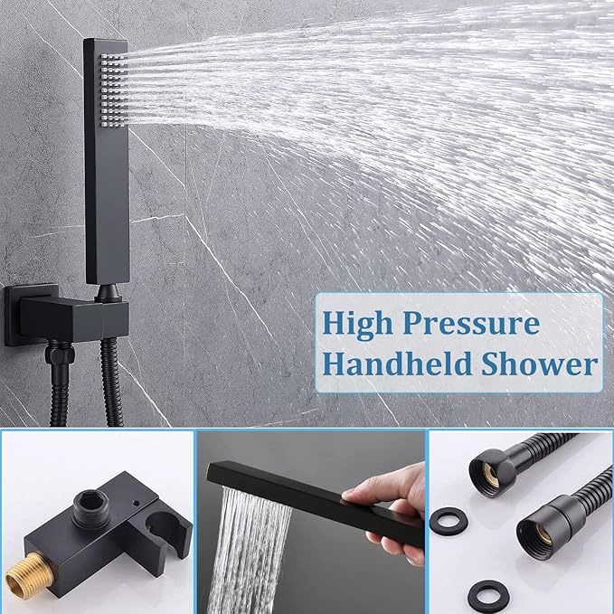 Rainfall Shower System with 12+8+8" Three Top Shower Heads, Body Jets and Handheld Shower,Matte Black Full Body Shower System with Digital Display Valve