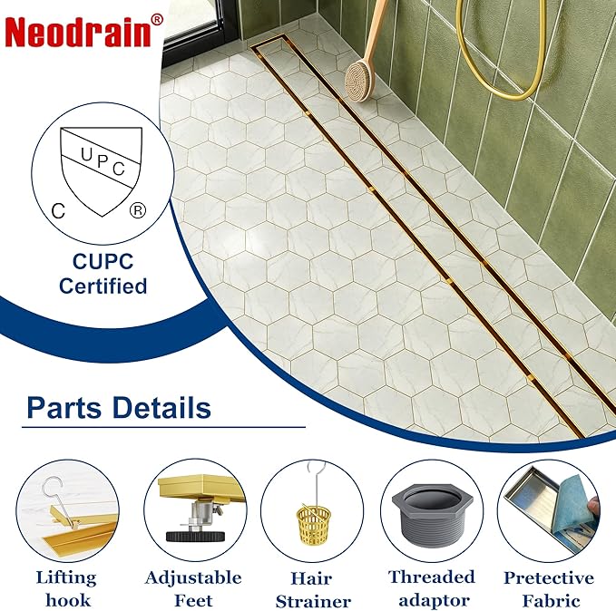Neodrain 24-Inch Gold Linear Shower Drain with Tile Insert Cover, Golden 304 Stainless Steel Rectangle Shower Floor Drain, Linear Drain with Leveling Feet, Hair Strainer, CUPC Certified