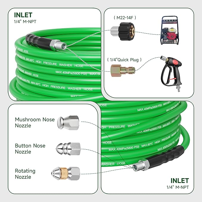 Sewer Jetter Kit for Pressure Washer 50FT – 5800PSI High-Pressure Drain Cleaner, M22 & 1/4'' NPT Universal Fit, Unclog Gutters & Sewer Lines, Durable Jetter Hose for Homeowners & DIYers