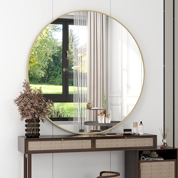 32 Inch Round Bathroom Mirror - Black Wall Mounted Circle Mirror with Metal Frame, Modern Round Hanging Mirror Suitable for Bathroom, Vanity, Entryway, Living Room
