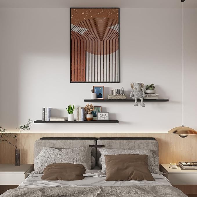 SAUMONIERES 48 Inch Floating Wall Shelves for Bedroom Bathroom Wall Mounted Solid Wood Shelf Storage Decor Set of 2, Black Floating Shelves