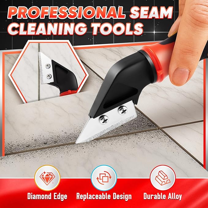 DIYSELF Caulking Tool, 4 in 1 Caulk Remover Tool for Bathroom, Bathtub, Grout, Shower, Tile, Window, Razor Scraper Tool for Cleaning, Silicone Caulk Removal Tool (Red)