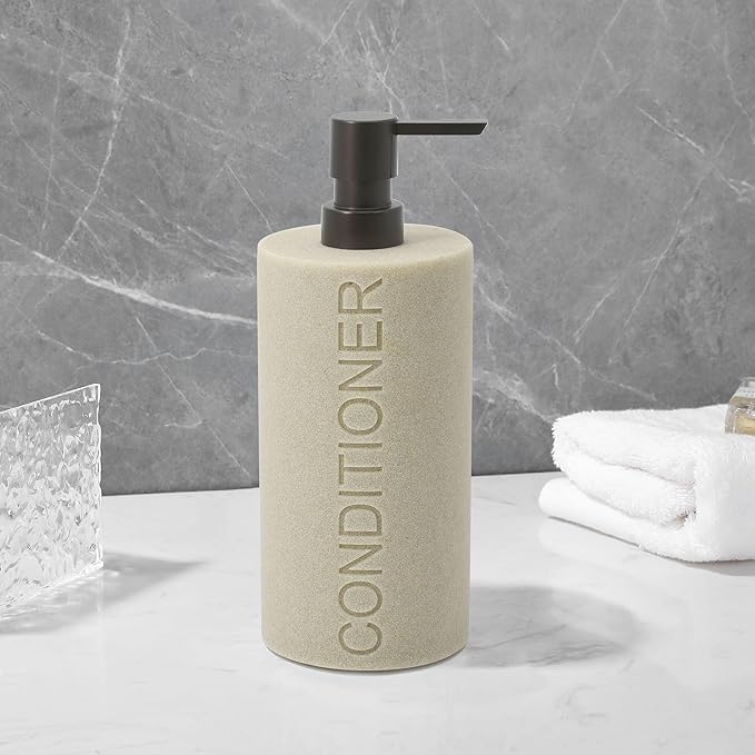 Resin Tan Sandstone Conditioner Engraved Bottle Refillable Pump Dispenser, Durable Waterproof Resin Construction for Bath, Shower - Tan Sandstone ORB Pump