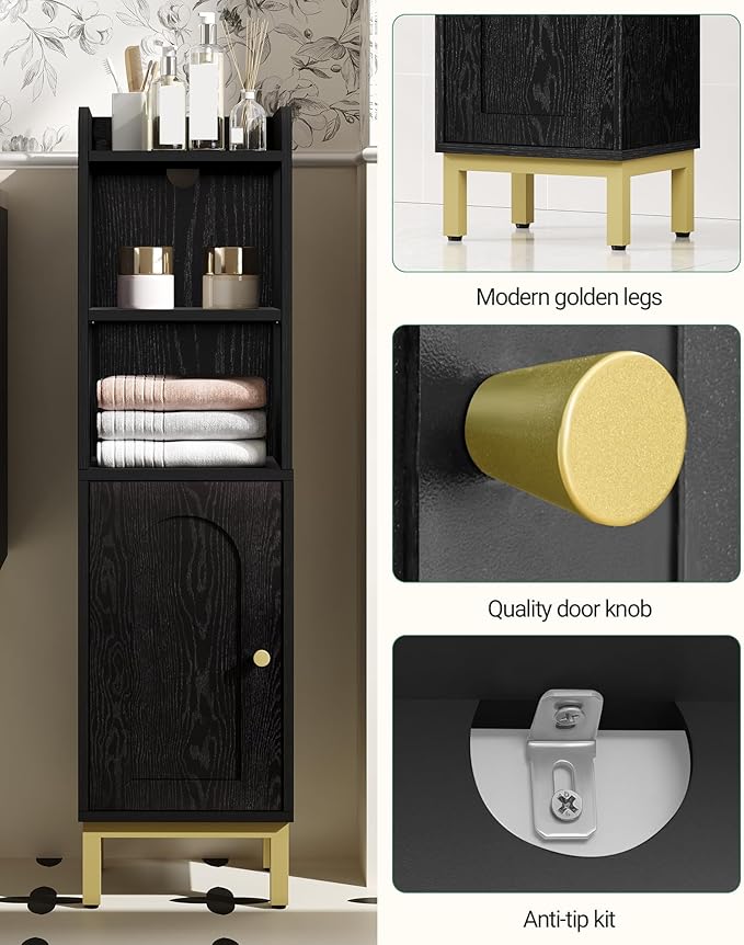 Bathroom Storage Cabinet, Small Corner Floor Cabinet with Door and Shelves, Narrow Toilet Paper Holder, Bathroom Organizer with Adjustable Shelf, for Small Spaces, Black BC38204GV1
