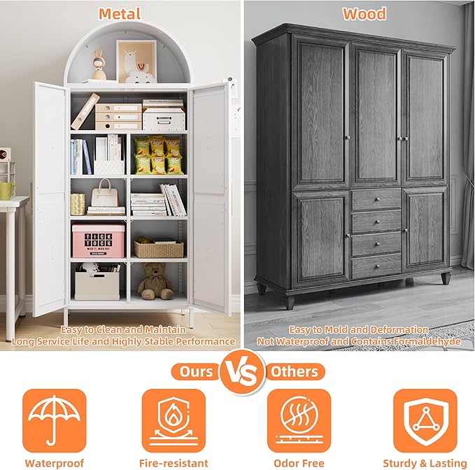 GangMeri Farmhouse Kitchen Pantry Cabinet, Arched Storage Cabinet with Doors and Adjustable Shelves, Tall Freestanding Cupboard for Laundry, Dining Room, Living Room, Bathroom(White)