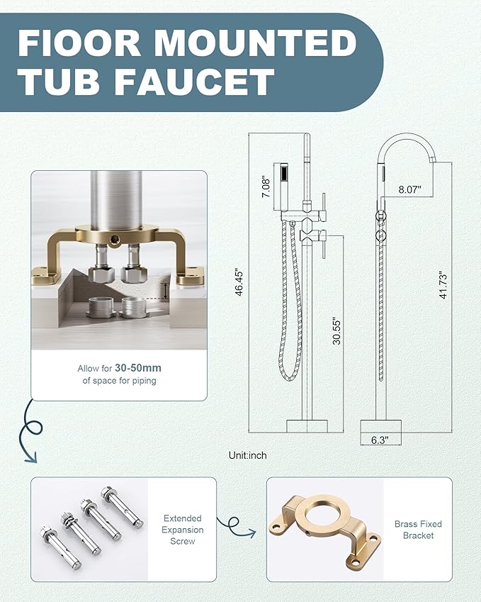 Freestanding Bathtub Faucet Brushed Nickel, Floor Mount Tub Filler, High Flow Brass Shower Faucets with Handheld Sprayer for Bathroom