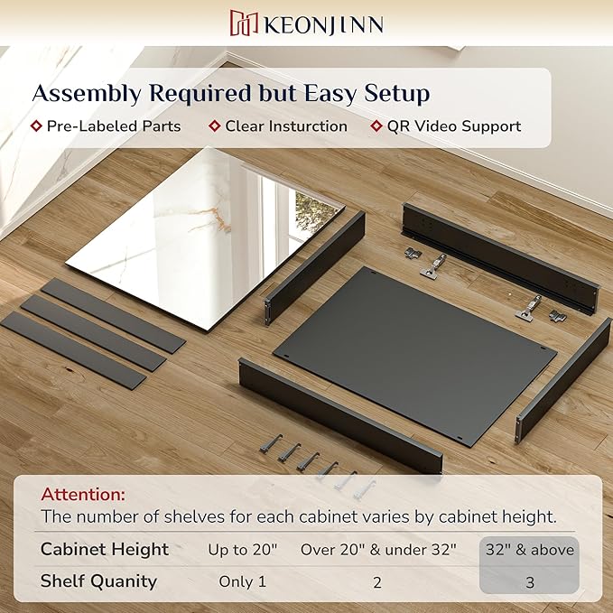 Keonjinn 48 x 32 Inch Oversized Medicine Cabinet for Bathroom with Mirror, Assembly Required, Black Aluminum Structure, Free Adjustable Shelves, Combined Recessed or Surface Mount Wall Cabinet