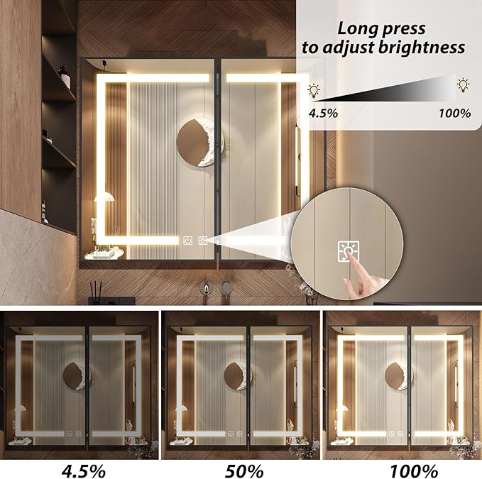 APRILSOUL 36X30 Inch Black Bathroom Medicine Cabinet with Mirror, Recessed or Surface Lighted Medicine Cabinet with 3 Colors Temperature, Dimmable Light