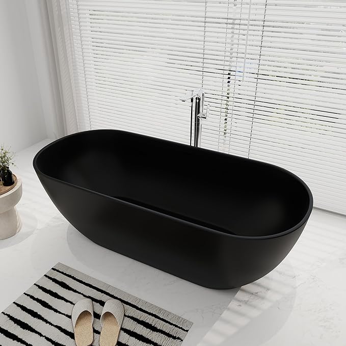 SJ STAR&JANE 69" Solid Surface Freestanding Bathtub Oval Stone Resin Soaking Tub Modern Stand Alone Tub with Overflow & Pop-up Drain, Matte Black for Bathrooms