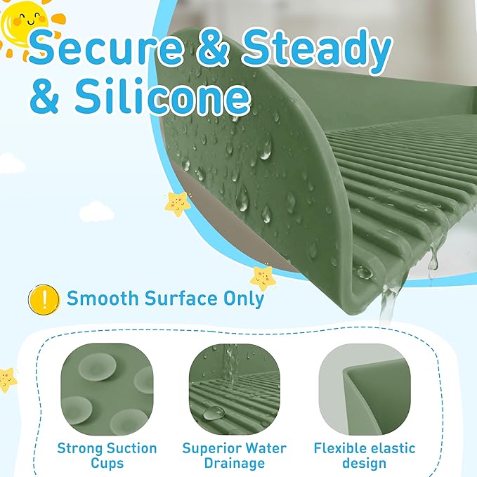 Roslim Bathtub Splash Guard for Tub - Silicone Bath Ledge for Toddlers, Tub Play Shelf for Kids with Suction Cups, Bathtub Side Tray for Bath Toys, Bathroom Accessories for Toddlers, Olive Green