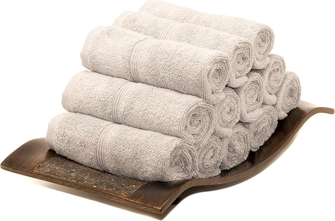 Mosobam Luxury Turkish Towels Set of 12 Washcloths 13X13 Light Grey (Gray) 700 GSM Bamboo Viscose & Aegean Turkish Combed Cotton