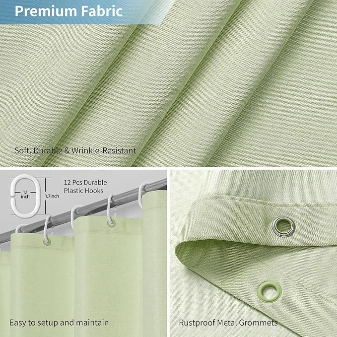 2-in-1 Waterproof Extra Long Fabric Shower Curtain or Liner,Linen Textured,84 Inch Breathable TPU & Washable Bathroom Shower Curtain Set with 12 Plastic Hooks,Modern,72"x84",Green