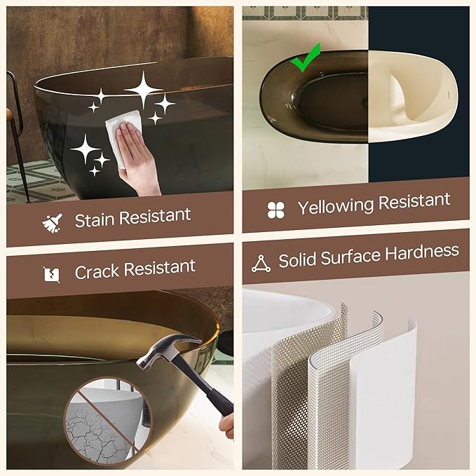 WOODBRIDGE 63" L x 28-3/8" W Transparent Gray Stone Resin Freestanding Soaking Tub with Double Ended Design
