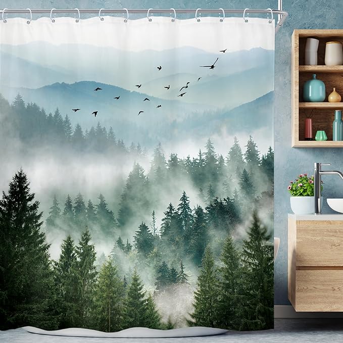 Riyidecor Green Mountain Shower Curtain 72Wx96H Inch Extra Long Nature Rustic Woodland Tree Scenery,Alpine Landscape Natural Foggy Mens Bathroom Decor Fabric Polyester Waterproof 12 Pack Hooks