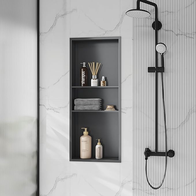 Neodrain 12X30 in Shower Niche, Gun Metal 3-Tier Wall Niche Stainless Steel Cabinet No Tile Needed Recessed Niche for Bathroom Storage