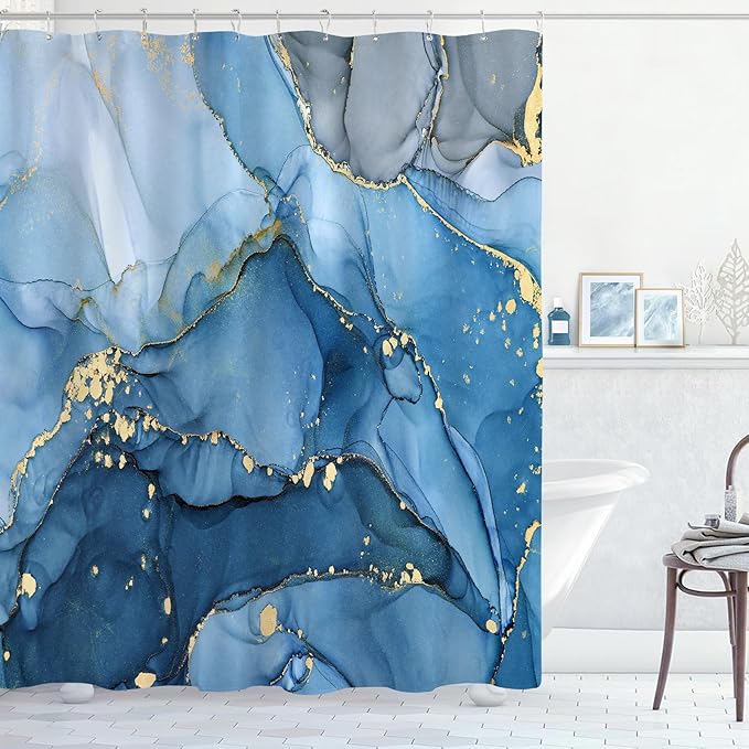 Extra Long Shower Curtain 72 x 96 Inch, Blue Floor to Ceiling X-Long Abstract Marble Shower Curtains for Bathroom, Modern Luxury Art Ink Fabric Shower Curtain Set with Hooks