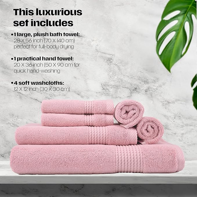 EastNBlue Lara Premium Bath Towel Set 6 Piece - Soft & Highly Absorbent Bathroom Towel Set, 100% Luxury Turkish Cotton, Flannel Bath Towels, 1 Bath Towel, 1 Hand Towel, 4 Washcloths - Rose