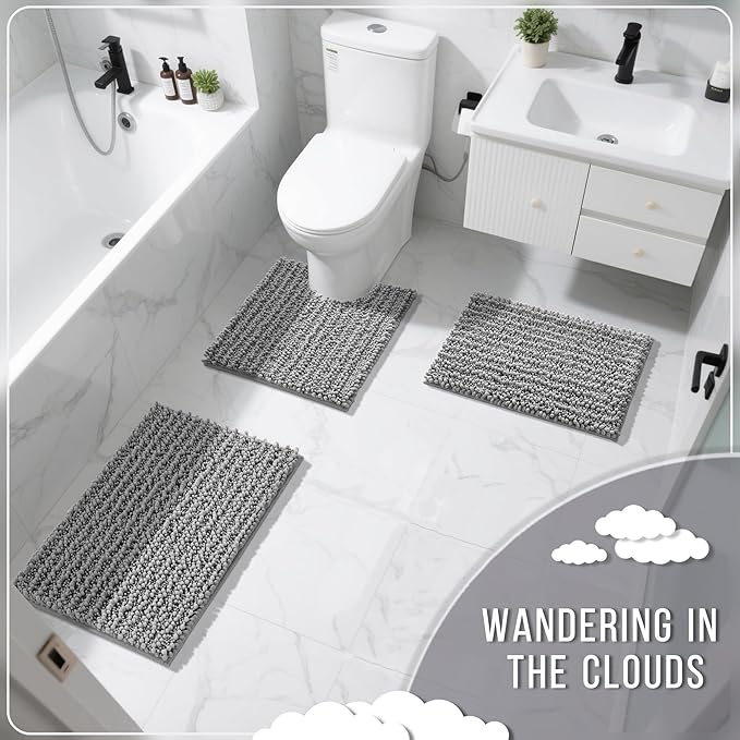 Yimobra Gray Bathroom Rugs Sets 2 Piece - Luxury Chenille Shaggy Bath Mat, Super Absorbent & Non Slip & Quick Dry, Soft Thick Bathroom Carpet for Tub Shower Floor, Machine Washable, 44x24+24x17 Inch
