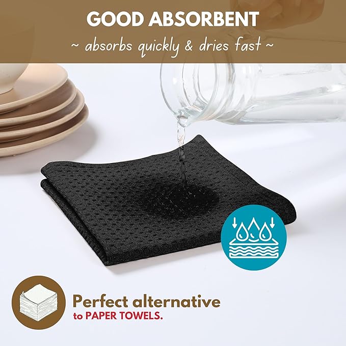 Native Fab Cotton Kitchen Towel with Hanging Loop 16x26 inches, 12-Pack, Waffle Weave Kitchen Towels for Cleaning Drying, Washcloths Soft & Absorbent Cloth Rags, Bar Towel, Dish Cloth, Black