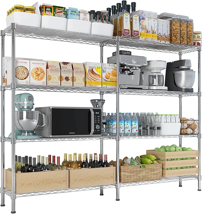 4 Tier Storage Racks Shelving, Heavy Steel Pantry Shelves, Adjustable Wire Shelving Rack, Suitable for Garage, Kitchens, Offices, 57.9" W x 13.8" D x 59" H, Chrome