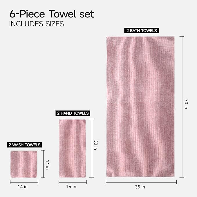 REDKISS Ultra Soft Bath Towels Set of 6 Large 35"x70" | 100% Microfiber, Highly Absorbent & Quick Dry | Pink Towels for Bathroom, Spa, Gym | 2 Bath, 2 Hand, 2 Washcloths