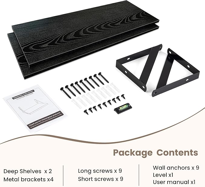 Dreamland Deep Floating Shelves for Wall, 30W x 8D Wall Shelves, Set of 2, 30 inch Floating Shelf with Sturdy Metal Brackets for Living Room, Bathroom, Bedroom and Kitchen, Black