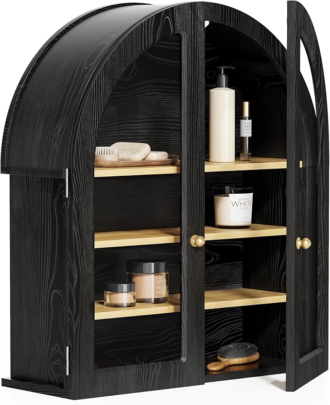 Large Arched Bathroom Wall Cabinet Modern Wooden Display Cabinet with Acrylic Doors Farmhouse Wall Mounted Cupboard Storage Organizer for Laundry Room, Dining Room, Black