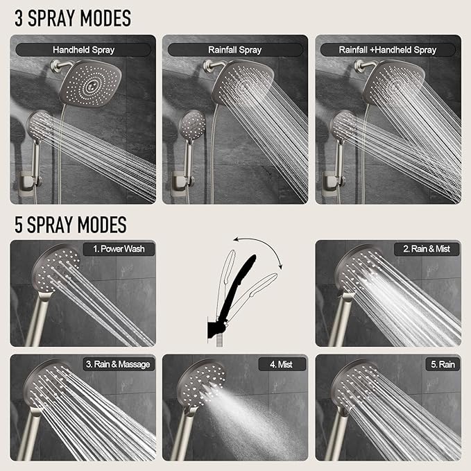 Veken 10'' Rain Shower Head with Handheld, High Pressure Rainfall Showerhead Combo with 5 Handheld Water Spray Modes for Bathroom Accessories, Home Decor, Detachable Dual Shower Heads, Brushed Nickel