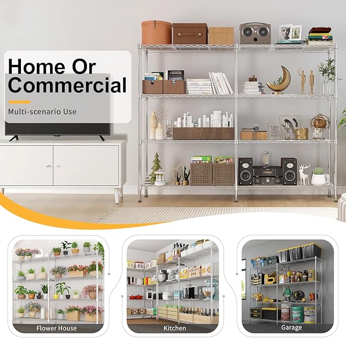 4 Tier Storage Racks Shelving, Heavy Steel Pantry Shelves, Adjustable Wire Shelving Rack, Suitable for Garage, Kitchens, Offices, 57.9" W x 13.8" D x 59" H, Chrome