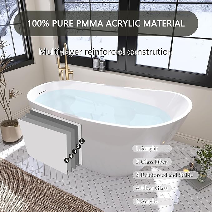 67" Free Standing Tub, Pure Acrylic Freestanding Bathtub, Stylish Stand Alone Tub, Contemporary Deep Soaking Bath Tub, cUPC Certified SY9970 (Glossy White)