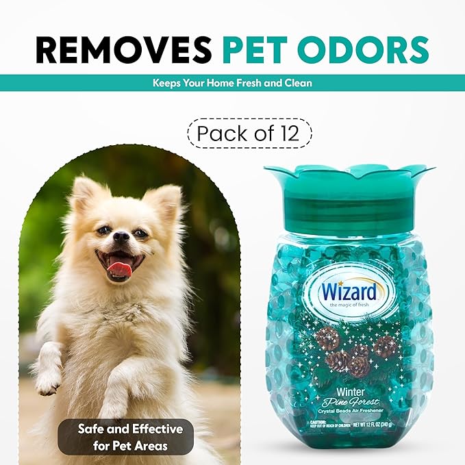 12 WIZARD Odor Eliminator Gel Beads - 12 oz, Air Freshners For Bathroom, Rooms, Per Areas and Car Freshner - Winter Pine Forest