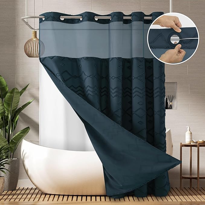 No Hooks Required Boho Farmhouse Shower Curtain Tufted Chevron Striped with Snap in Liner - 72W x 80H, Water Resistant Hotel Grade Spa Like Bathroom Curtain Set, Navy