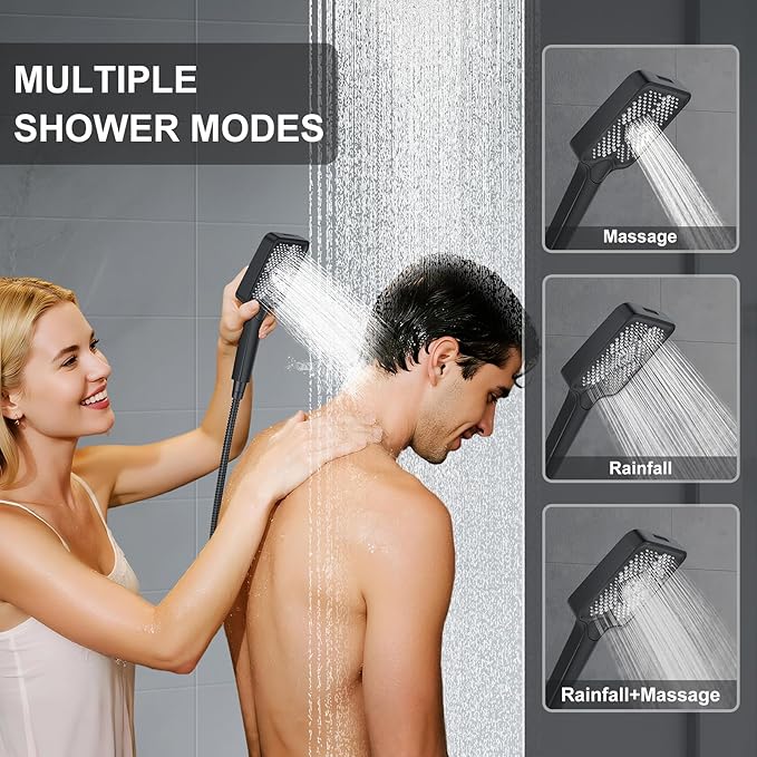Matte Black 13-Inch Rainfall Shower System - Premium Shower Head & Handheld Sprayer, Complete Bathroom Set with Faucet Mixer Trim Kit & Valve