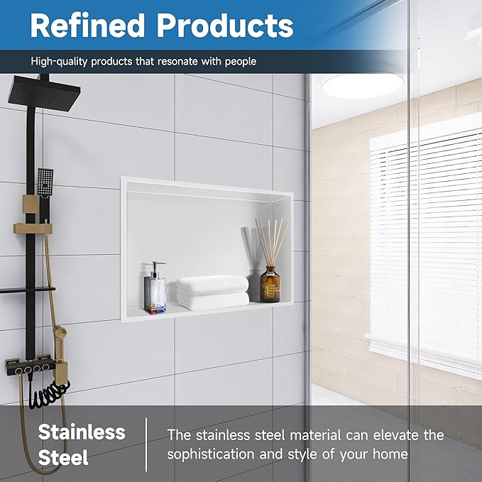 18" X 12" Shower Niche Insert Tile Ready, Niche for Shower Wall, Stainless Steel Recessed Shelf No Tile Needed for Bathroom Storage, White