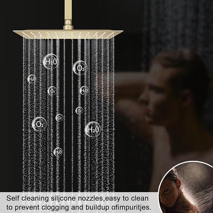 Brushed Gold Shower System Digital Temperature Display Shower Faucet Set with 12 inch Ceiling Mounted + Dual 8 inch Wall Mounted Shower Head Combo Set, Handheld Spray