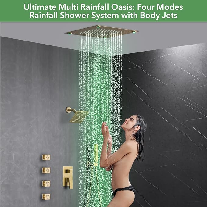 VANFOXLE Shower Faucet Set Brushed Gold Shower System,Shower Faucet with 2 in 1 Handheld,Ceiling Mount 16 Inch LED Shower Head+6 Inch Shower Head(Rough-in Valve Body and Trim)