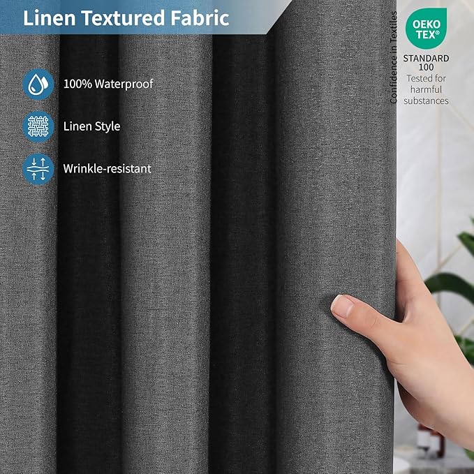2-in-1 Waterproof Extra Long Fabric Shower Curtain or Liner,Linen Textured,84 Inch Breathable TPU & Washable Bathroom Shower Curtain Set with 12 Plastic Hooks,Modern,72"x96" Charcoalgrey