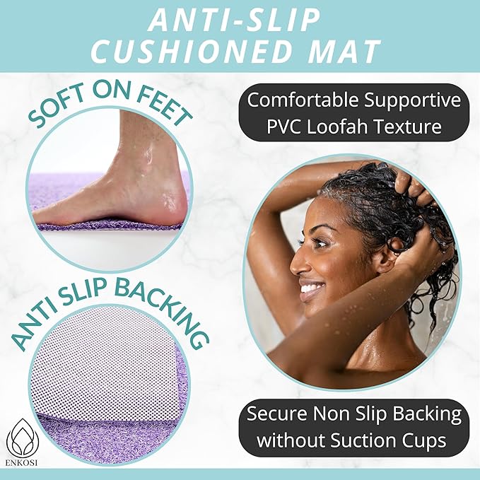 ENKOSI Loofah Non-Slip Shower and Bath Mat - Soft Cushioned Comfort - No Suction Cups for Smooth or Textured Tubs - Fast Draining - Safety for Bathroom, Family, Kids, and Elderly (24x16 Purple)