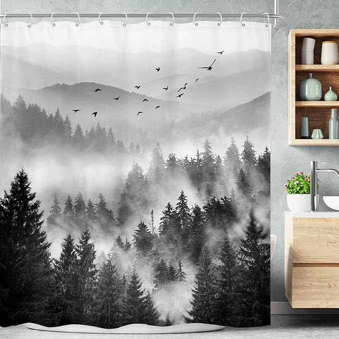 Riyidecor Black and White Shower Curtain 72Wx96H Inch Extra Long Mountain Scenery Nature Pine Tree Cool for Mens Scene View Landscape Bathroom Decor Fabric Polyester Waterproof 12 Pack Hooks