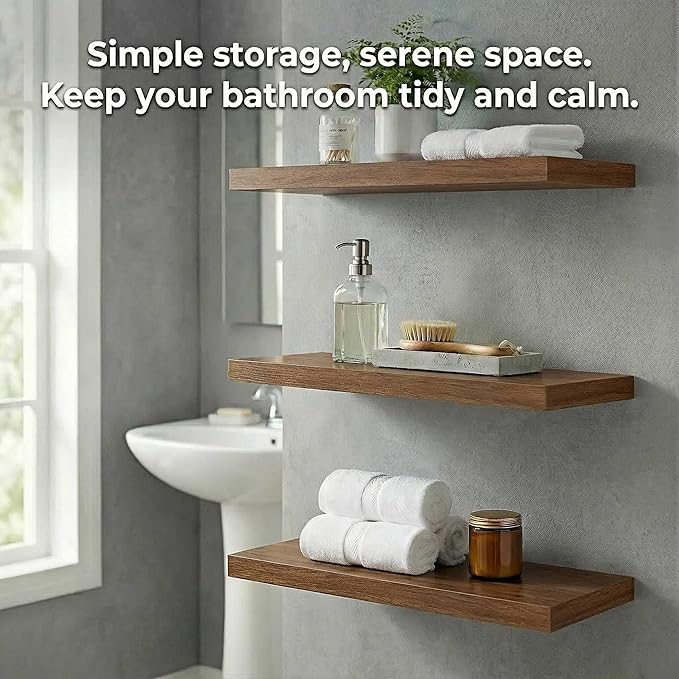 SAUMONIERES Floating Shelves Wall Shelf Solid Wood for Bathroom Bedroom Kitchen Storage Set of 3, Walnut Wall Shelves