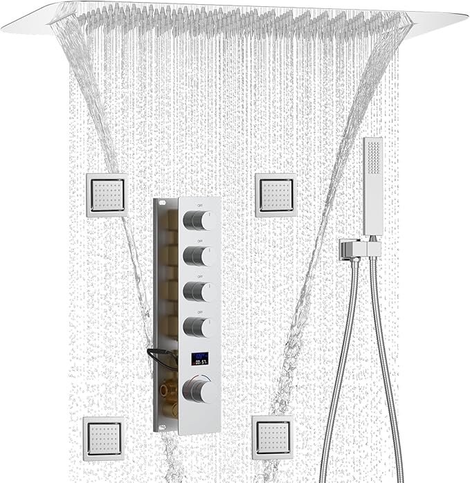 Polished Chrome Digital Display Shower System with 16X24 inch Ceiling Overhead Shower Head(Rain & Waterfall Two Modes), 4 PCS Body Jet and Handheld Spray