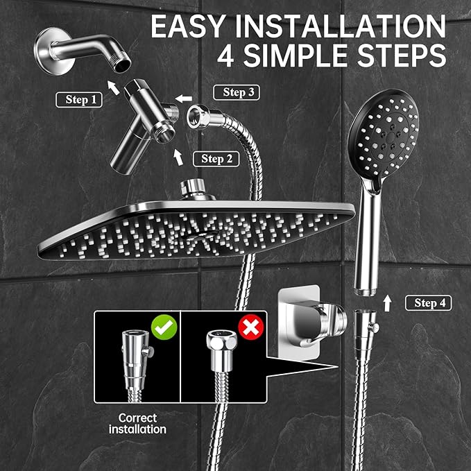 Veken 11.8 Inch Rain Shower Head with Handheld- High Pressure Dual Shower Heads with 5 Modes Handheld Spray Combo- Wide Rainfall Showerhead with Hose, Bathroom Accessories, Christmas Gift, Chrome