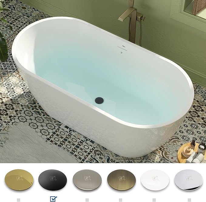 FerdY 59" Bali Elite Acrylic Freestanding Bathtub, Gracefully Shaped Freestanding Soaking Bathtub, cUPC Certified, Toe-Tap Black Drain and Minimalist Linear Design Overflow Included