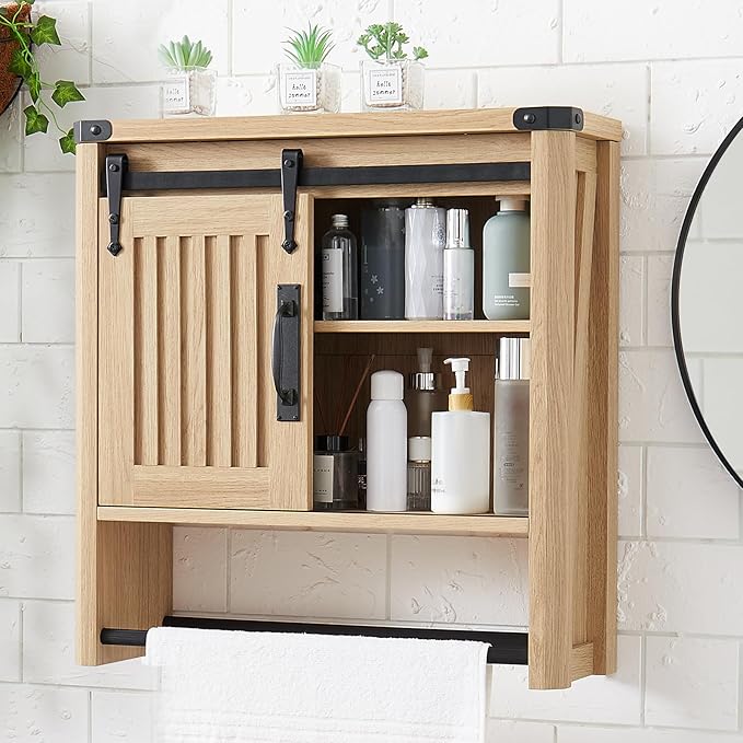 Bathroom Wall Cabinet, Farmhouse Medicine Cabinet with Sliding Barn Door & Adjustable Shelves, Wall Mounted Storage Cabinet for Toilet, Kitchen, Living Room (Natural Oak)
