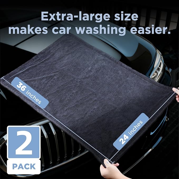 2-Pack 1200GSM Microfiber Car Drying Towels, Extra Large Twisted-Loop Absorbent Drying Towel for Cars and Trucks, Without Streaks, Scratches, or Water Spots (35"x 24")