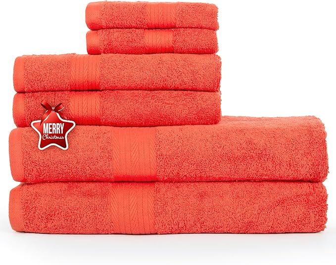 Ample Decor 100% Cotton Luxury 6 Piece Towels Set, 2 Bath Towels, 2 Hand Towels, 2 Wash Cloths for Bathroom - Orange Towel Sets