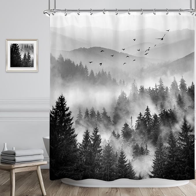 Riyidecor Mountain Shower Curtain 60Wx72H Inch Black Pine Tree Nature Scenery Woodland Landscape Rustic Mens Bathroom Decor Fabric Polyester Waterproof 12 Pack Hooks