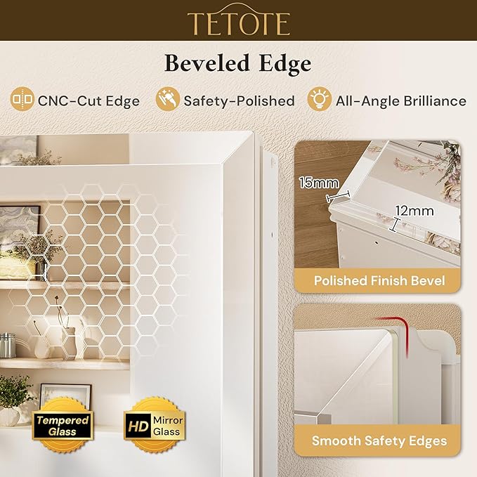 TETOTE 14 x 18 Medicine Cabinet with Tempered Beveled Mirror White Bathroom Mirror with Storage Aluminum Cabinet DTC Hinges, Stepless Adjustable Shelves, Recessed/Surface-Mounted