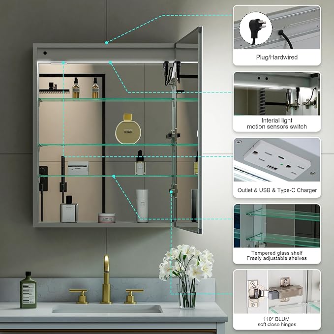 WELLFOR 24" X 30" LED Medicine Cabinet with Mirror, Single Right Opening Door, Recessed or Surface Cabinet Mirror, Bathroom Mirror Cabinet, Medicine Cabinet with Lights with Outlets & USB Ports