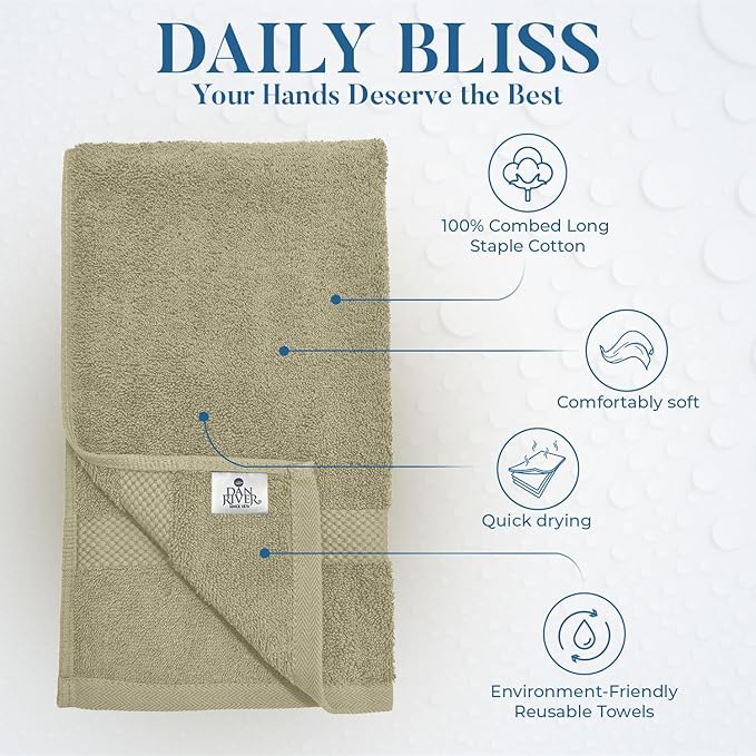DAN RIVER 6-Pack Premium Hand Towels (16x28 Inches) - 100% Cotton, Ultra Soft, Lightweight, Highly Absorbent Towels for Bathroom, Spa, Gym, Salon, Hotel, and Travel - 550 GSM – Beige